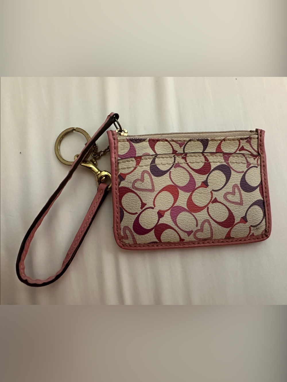 Coach Pink Signature Heart Print Wristlet Card Holder